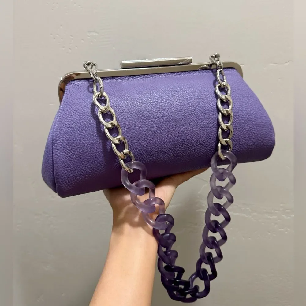 Purple Pebble Calfskin Leather Handmade Push Lock Baguette Bag, Multi Use Style